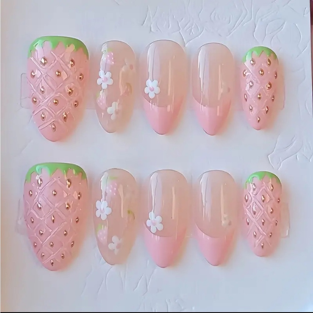 Pink & Green Strawberry 3D Press On Nails 10 pc Medium Reusable French Tip NWT